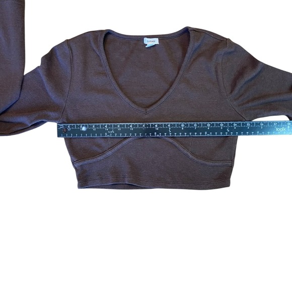Garage Shirt Womens Small Ribbed Long Sleeve V Neck Crop Top Brown - Picture 4 of 8